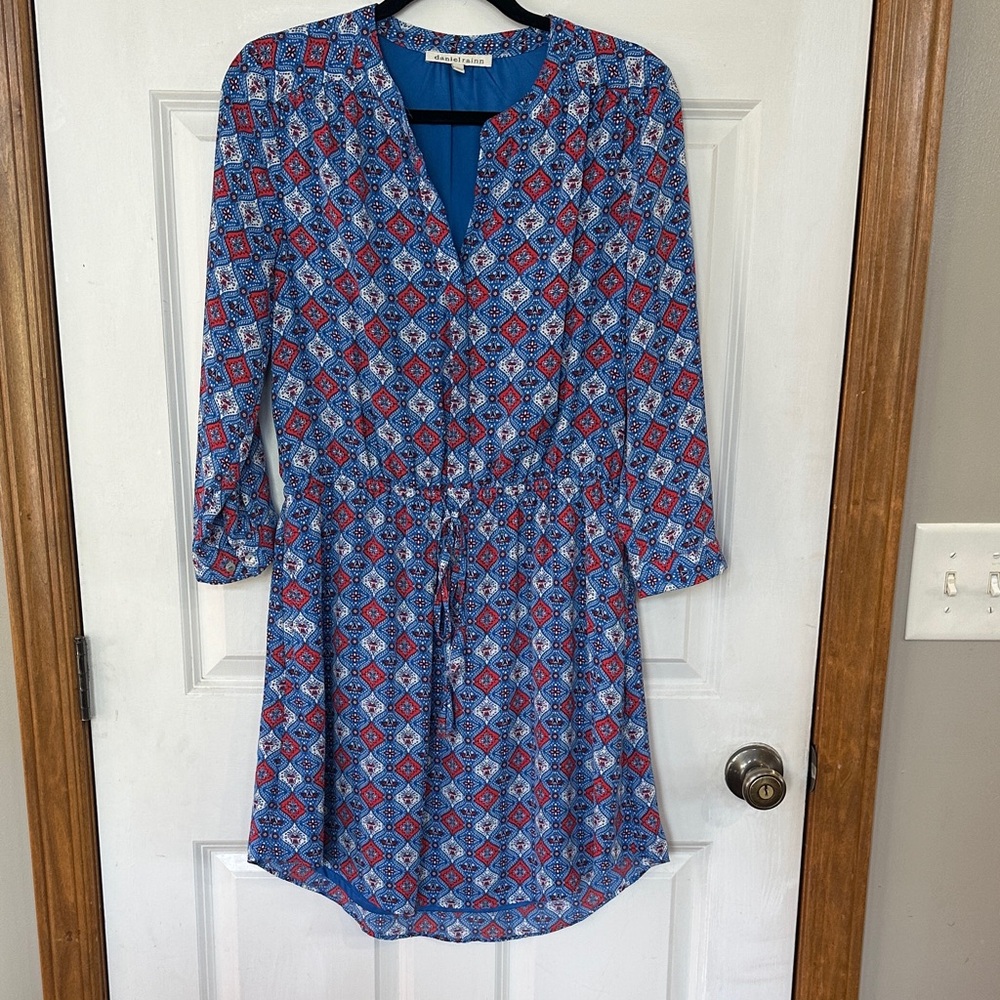Daniel Rainn Red and Blue Geometric Long Sleeve Dress